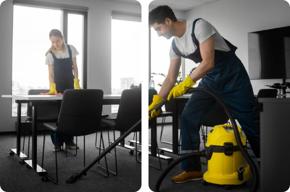Commercial cleaners in CT vacuum and wiped down surfaces in a conference room.