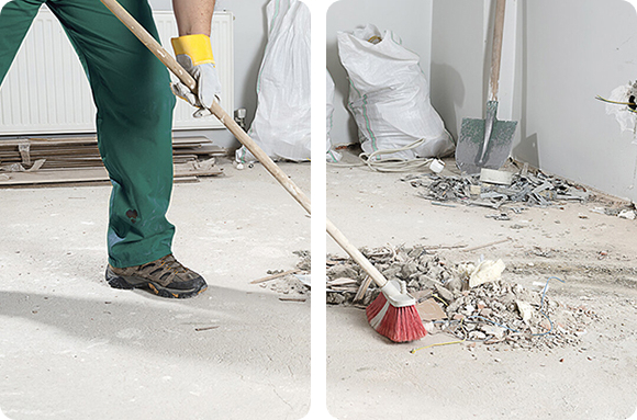 CT Post-construction cleaner sweeps up debris and dust after a construction project.