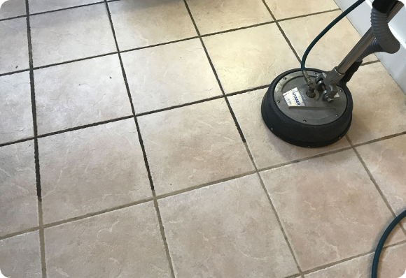 Professional tile and grout cleaning equipment whitens grout and removes stains from tile.